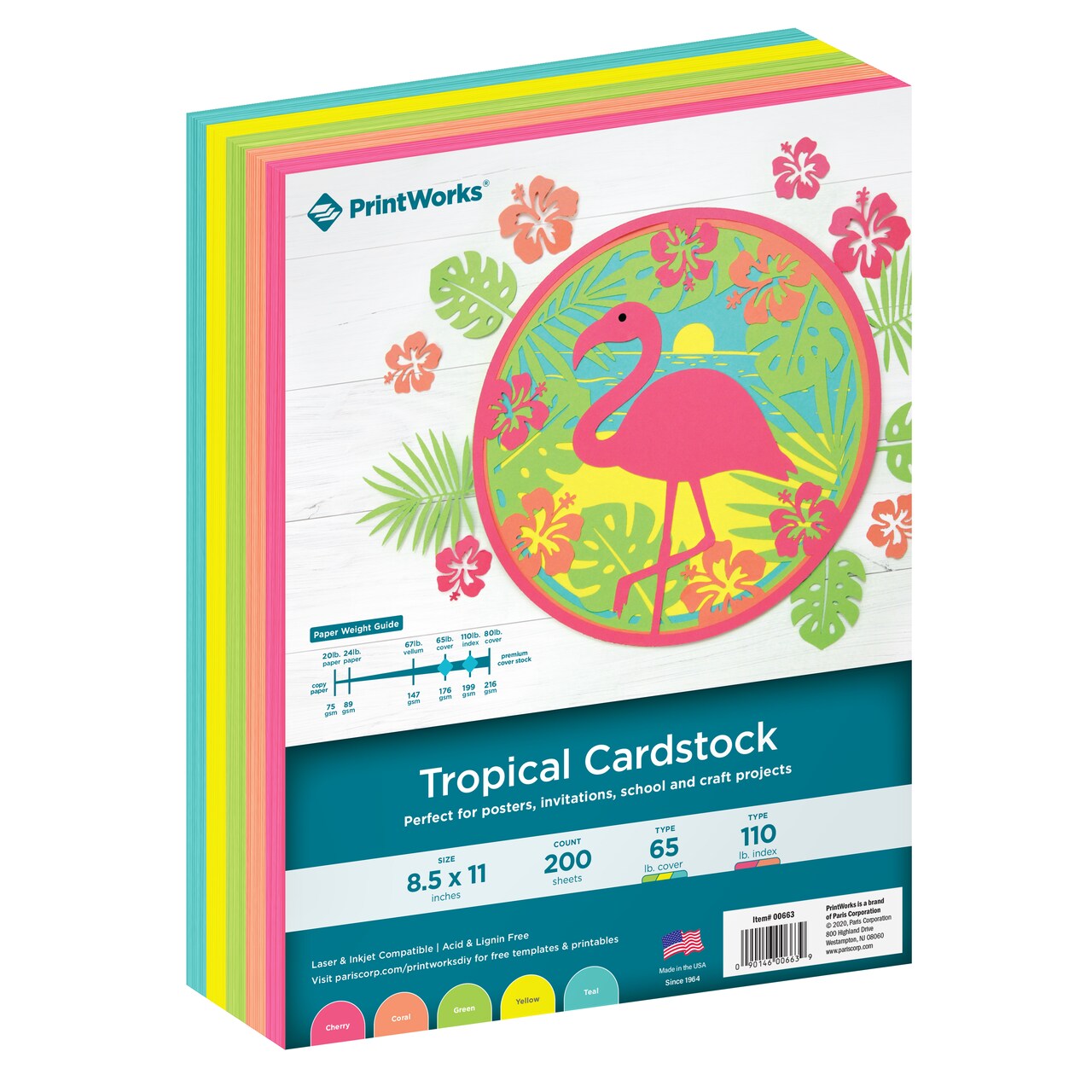 Printworks Tropical Cardstock, Includes Cherry, Coral, Green, Yellow and Teal Cardstock, 8 ½” x 11”, 200 Sheets (00663)